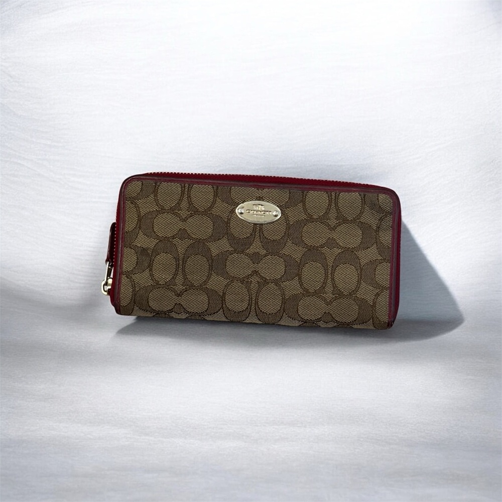 Coach Brown Signature Canvas Wallet with Red Trim